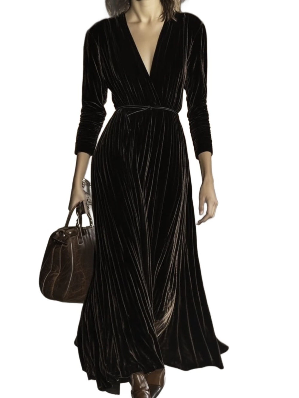 OYROSY V-Neck Retro Solid Color Velvet Long-Sleeved Maxi Dress MED